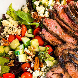 Grilled steak salad with blue cheese and pecans – bariatric recipe by Celebrate Vitamins