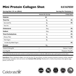 Etichetă nutrițională pentru un shot Mini Protein Collagen cu aromă de blue raspberry, inclusiv porția, caloriile și ingredientele.
